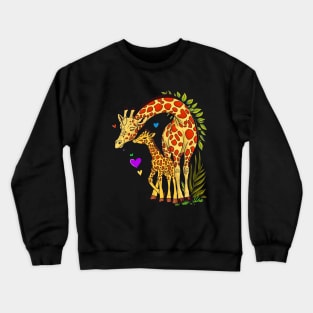 Affectionate giraffe mother nuzzling her calf surrounded by hearts and foliage Crewneck Sweatshirt